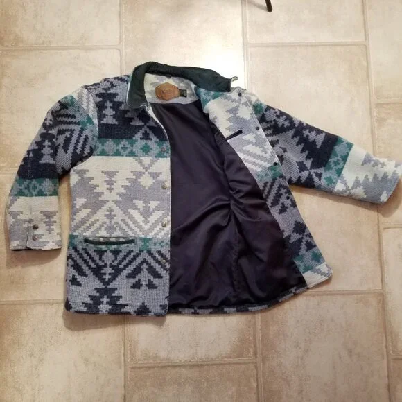 ✅VTG Woolrich Chore Jacket Women's LARGE Blue/Grey Aztec Southwest Wool✅STAINING - Picture 7 of 16